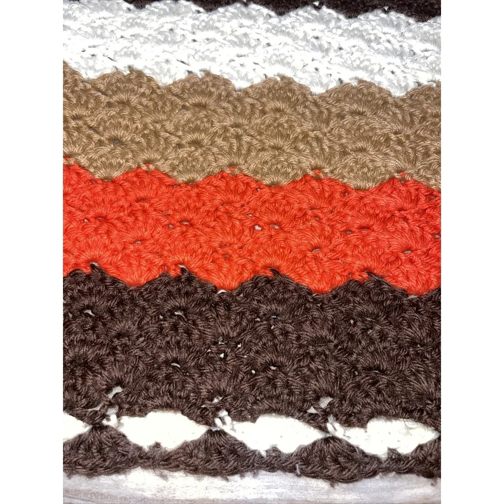 Vintage MCM Retro Fall Afghan Blanket Zig Zag Chevron Brown Orange White Throw